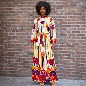 Vintage 70s  Mod Flower Power Groovy Polyester Long Sleeve Floral Maxi Dress